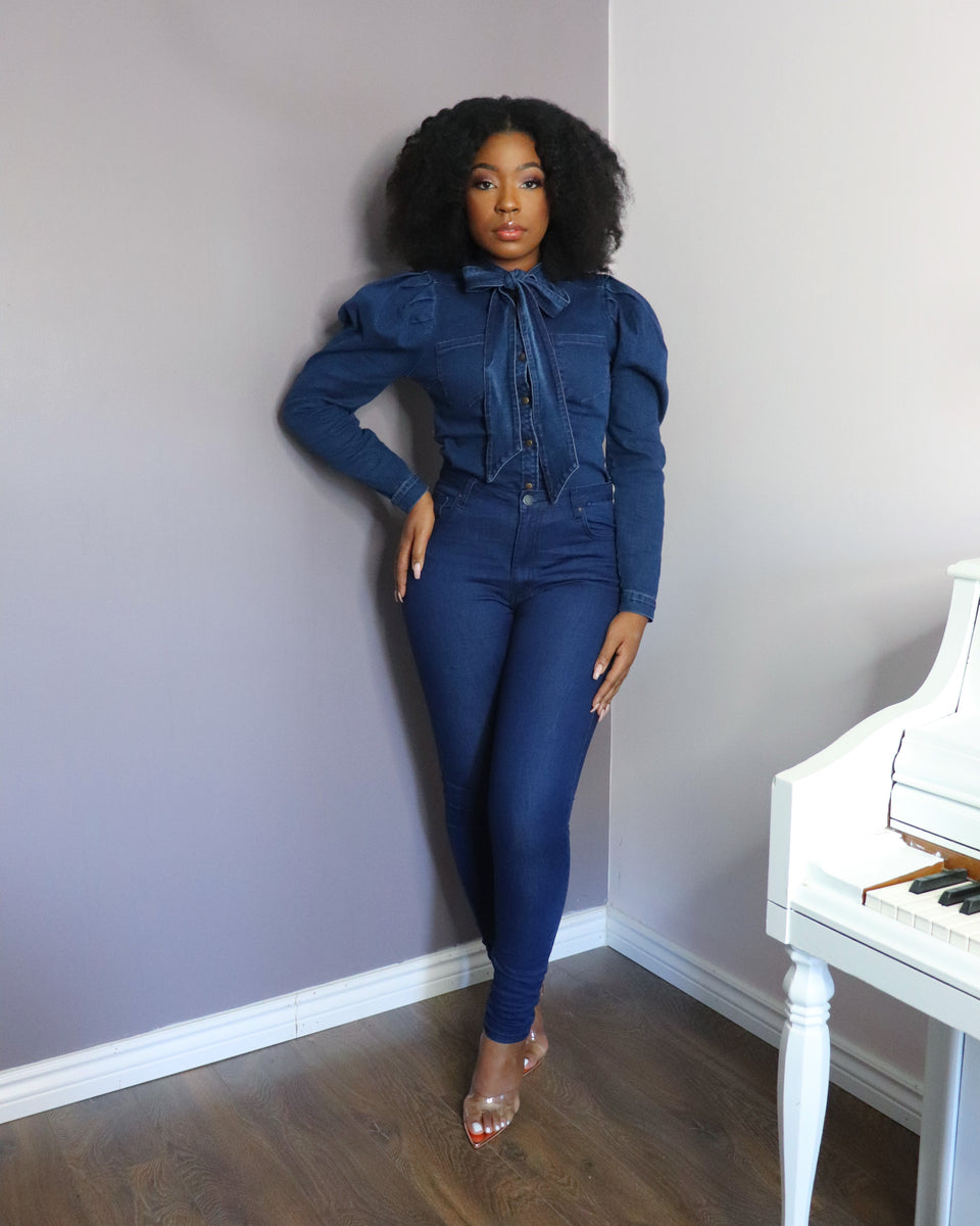 Denim Puff Sleeve Button Up Blouse – LauriEva