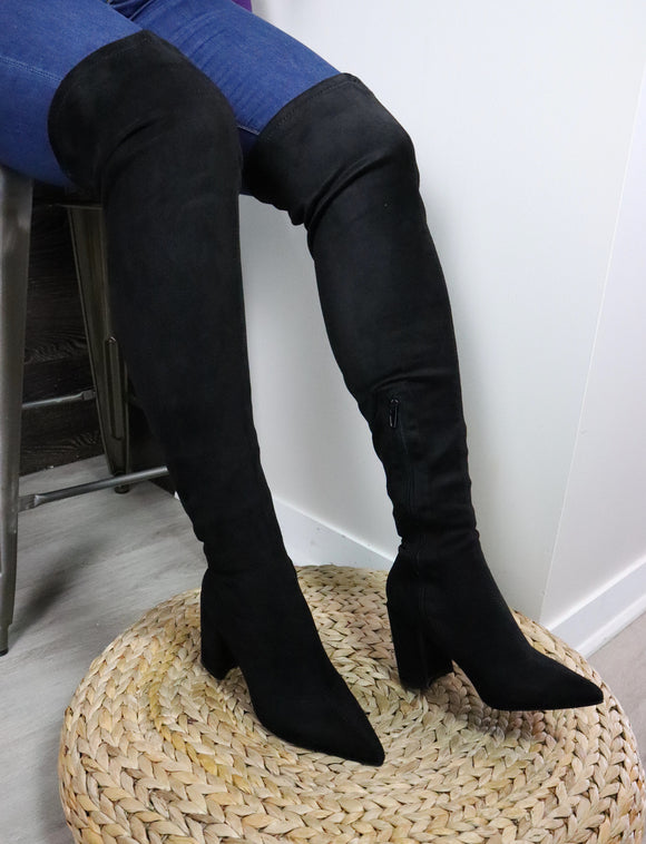 CHUNKY HEELS Thigh High Suede Boots in Black
