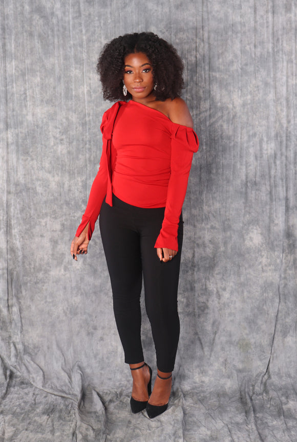 RIBBON Asymmetrical Off the Shoulder Top in Red