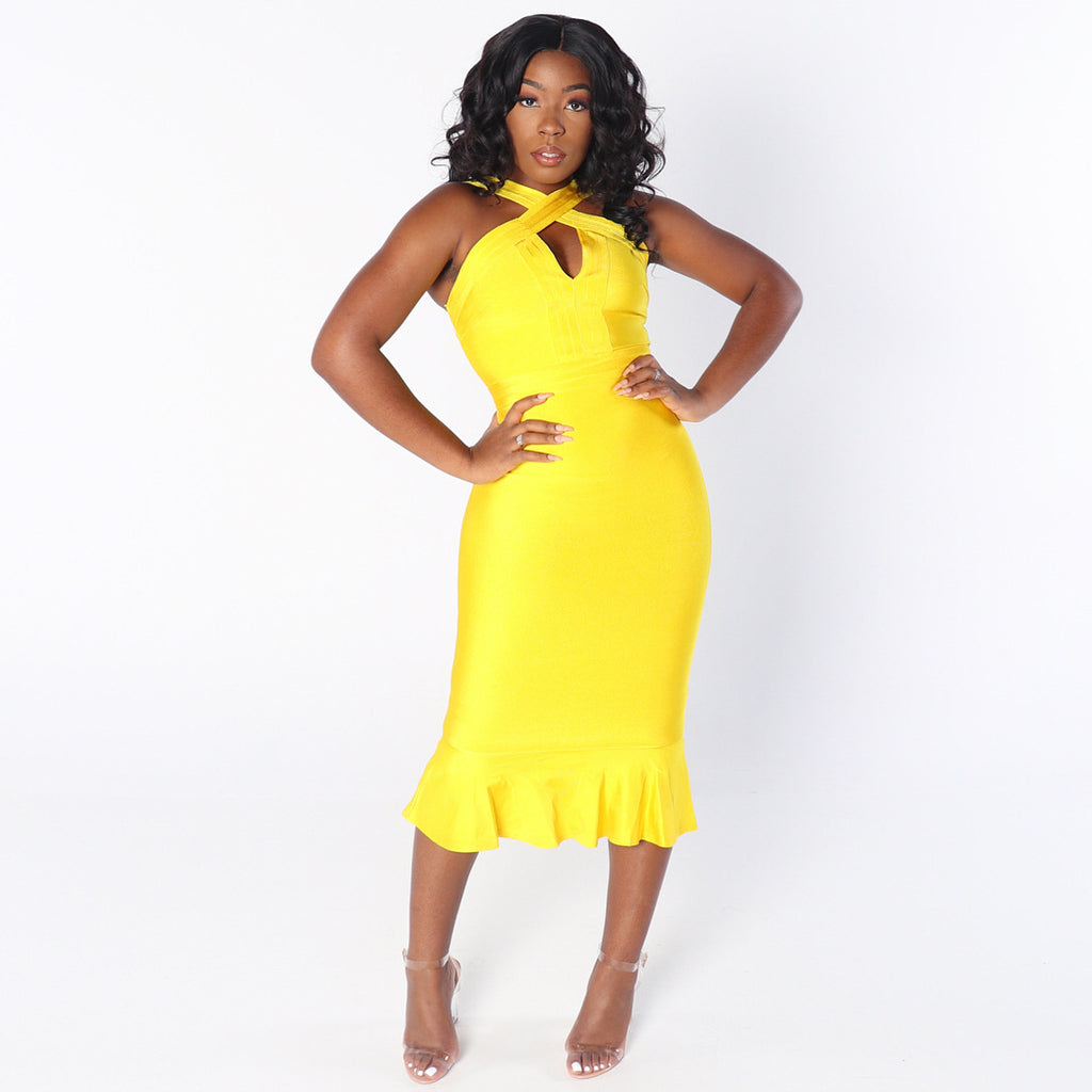 LUNA Front Criss Cross Mermaid Bandage Dress in Yellow LauriEva LUNA Front Criss Cross Mermaid Bandage Dress in Yellow LauriEva
