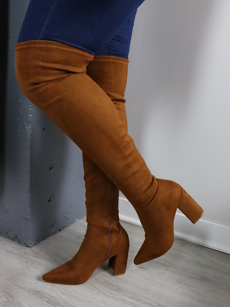 CHUNKY HEELS Thigh High Suede Boots in Tan