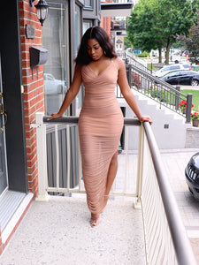 GOLD CHAIN Ruched Dress in Nude