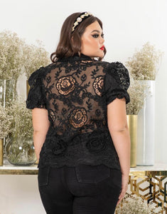 Plus Size Sheer Lace Blouse in Black