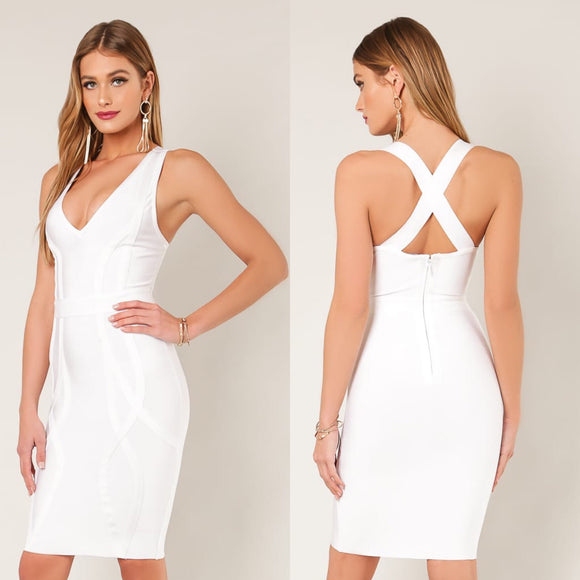 DOLORES Crossed Back Bandage Dress in White
